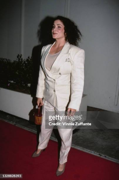 American actress Stacey Nelkin attends the premiere of the film 'Bob Roberts' at the Writers Guild Theater in Beverly Hills, California, 1st...