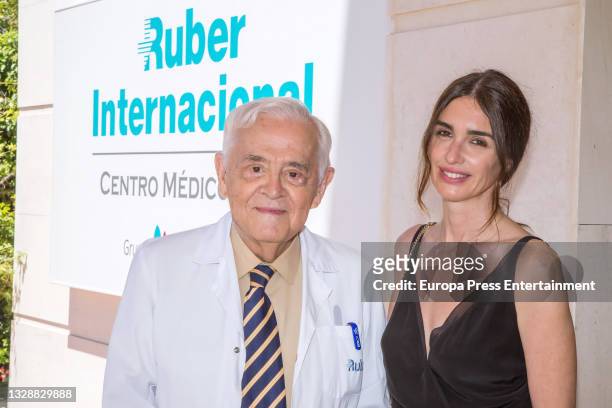 The actress Paz Vega visits the new Ruber Internacional Centro Medico Maso with her family doctor and friend, Dr. Juan Vidal on July 13, 2021 in...