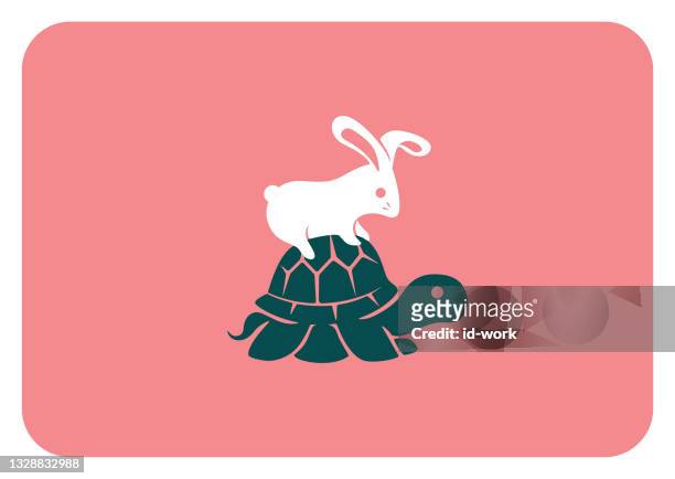 rabbit sitting on tortoise symbol - hare stock illustrations