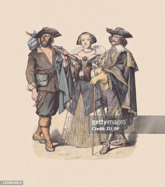 ilustraciones, imágenes clip art, dibujos animados e iconos de stock de mediados del siglo 17, trajes franceses, grabado en madera coloreado a mano, publicado c.1880 - knickers