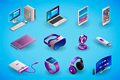 Realistic electronic devices and gadgets in isometry. Vector isometric illustration of electronic devices isolated on blue background. Desktop PC, laptop, smartphone, digital tablet, graphics tablet, virtual reality glasses