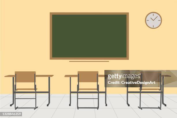 leeres klassenzimmer mit tafel und schreibtischen - high school stock-grafiken, -clipart, -cartoons und -symbole
