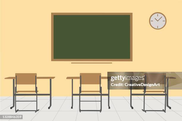 ilustrações, clipart, desenhos animados e ícones de interior vazio da sala de aula da escola com lousa e mesas - escola de ensino médio