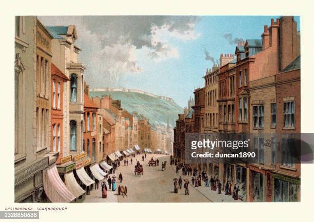 eastborough, scarborough, north yorkshire, victorian high street shops 19th century - english high street stock illustrations