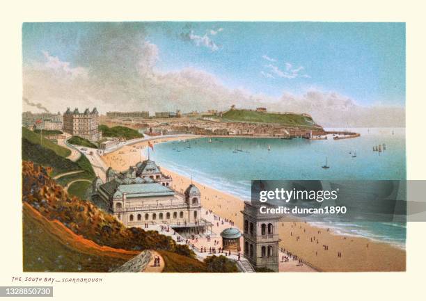 south bay, scarborough, north yorkshire, beach, castle, hotel, victorian holiday resort 19th century - scarborough uk 幅插畫檔、美工圖案、卡通及圖標