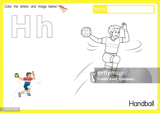 vector illustration of kids alphabet coloring book page with outlined clip art to color. letter h for  handball. - foule stock illustrations