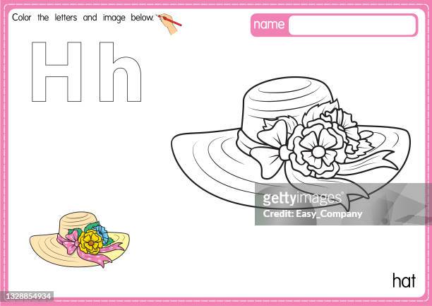 stockillustraties, clipart, cartoons en iconen met vector illustration of kids alphabet coloring book page with outlined clip art to color. letter h for hat. - hoed met rand