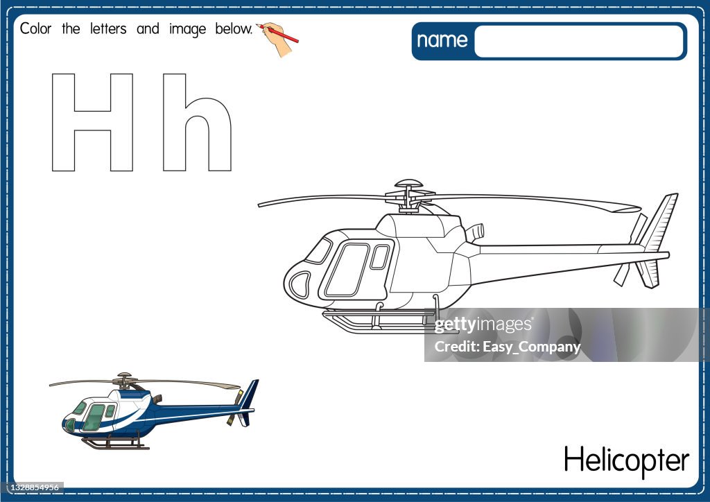 Illustration vectorielle de la page du livre de coloriage de l’alphabet pour enfants avec une image clipart en couleur. Lettre H pour hélicoptère.