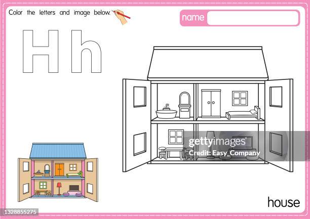 vector illustration of kids alphabet coloring book page with outlined clip art to color. letter h for house. - worksheet stock illustrations