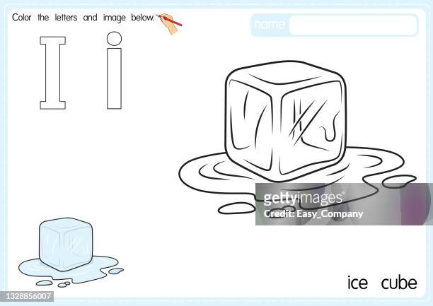 ilustrações de stock, clip art, desenhos animados e ícones de vector illustration of kids alphabet coloring book page with outlined clip art to color. letter i for ice cube. - gelo