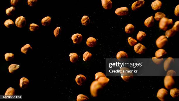 hazelnuts falling onto black surface - hazelnuts falling stock pictures, royalty-free photos & images