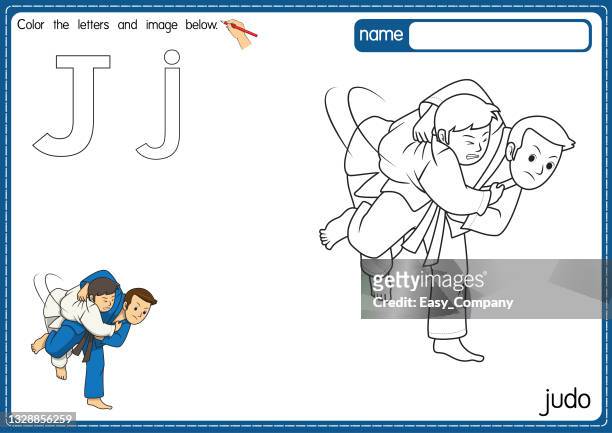 bildbanksillustrationer, clip art samt tecknat material och ikoner med vector illustration of kids alphabet coloring book page with outlined clip art to color. letter j for  judo. - judo
