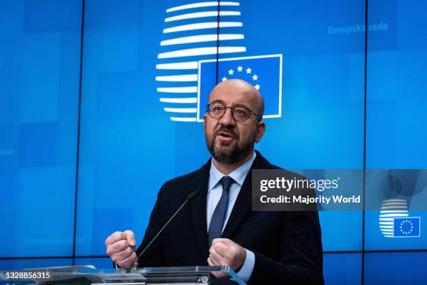 The President of the European Council Charles Michel participates in the video conference meeting of the Heads of State of the European Union....