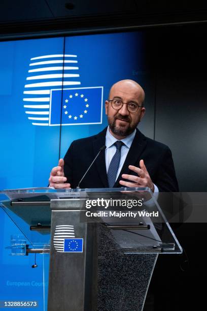 The President of the European Council Charles Michel participates in the video conference meeting of the Heads of State of the European Union....