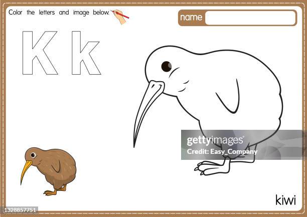 ilustrações de stock, clip art, desenhos animados e ícones de vector illustration of kids alphabet coloring book page with outlined clip art to color. letter k for  kiwi. - kiwi bird