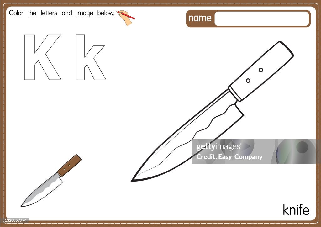 Vektorillustration der Malbuchseite für Kinder mit umrissener ClipArt zum Ausmalen. Buchstabe K für Messer.