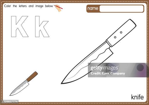 vector illustration of kids alphabet coloring book page with outlined clip art to color. letter k for knife. - chef salad white background stock illustrations