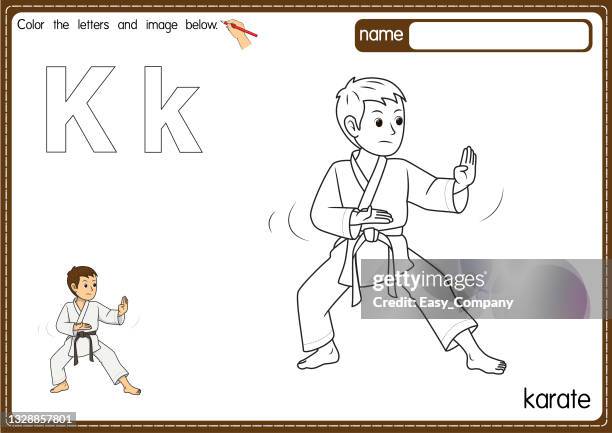 vektorillustration der malbuchseite für kinder mit umrissener clipart zum ausmalen. buchstabe k für karate. - karate stock-grafiken, -clipart, -cartoons und -symbole