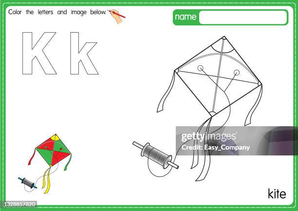 vector illustration of kids alphabet coloring book page with outlined clip art to color. letter k for  kite. - kite toy stock illustrations