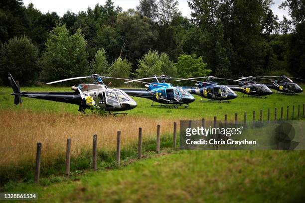 Helicopters at start during the 108th Tour de France 2021, Stage 18 a 129,7km stage from Pau to Luz Ardiden 1715m / @LeTour / #TDF2021 / on July 15,...