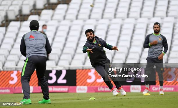 Shadab Khan of Pakistan during a fielding drill at a nets session at Trent Bridge on July 15, 2021 in Nottingham, England.