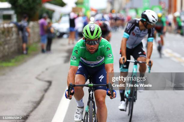 Mark Cavendish of The United Kingdom and Team Deceuninck - Quick-Step Green Points Jersey & Michael Matthews of Australia and Team BikeExchange...