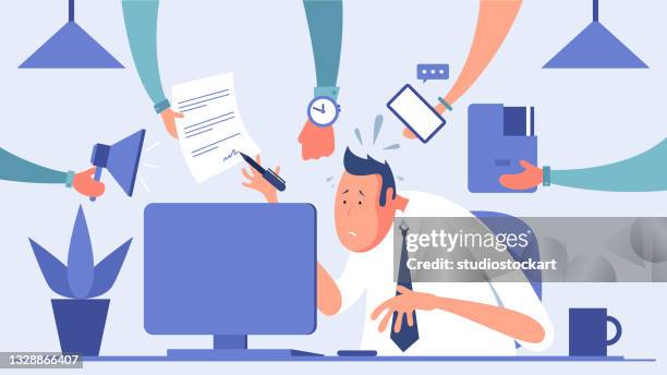 ilustraciones, imágenes clip art, dibujos animados e iconos de stock de empresario estresado - overworked