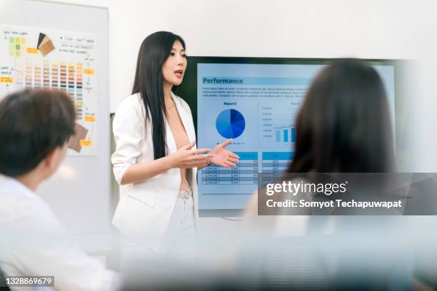 asian female chief manager present business data information  discussing in comfortable casual meeting space - south east asia business stock pictures, royalty-free photos & images