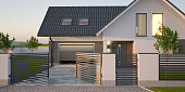 Automatic gate, fence, driveway and house with garage, 3d illustration