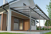 Terrace canopy, glass roof, 3d illustration