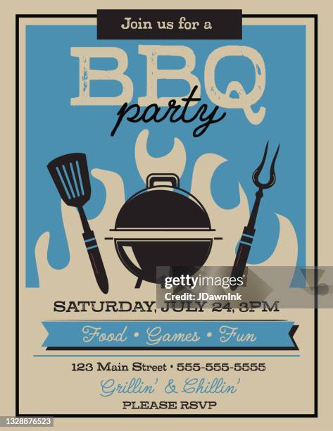 retro barbecue party invitation design template for summer cookouts and celebrations - bbq party stock illustrations