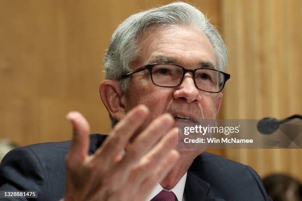 Federal Reserve Board Chairman Jerome Powell testifies before the Senate Banking, Housing and Urban Affairs Committee July 15, 2021 in Washington,...