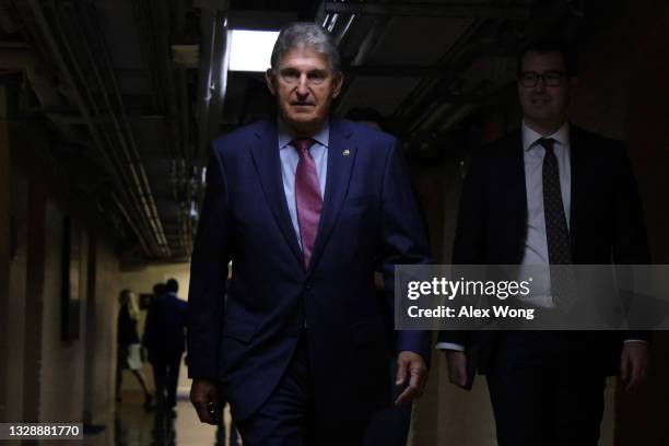 Sen. Joe Manchin arrives at a meeting with members of Texas House Democratic Caucus at the U.S. Capitol July 15, 2021 in Washington, DC. Members of...