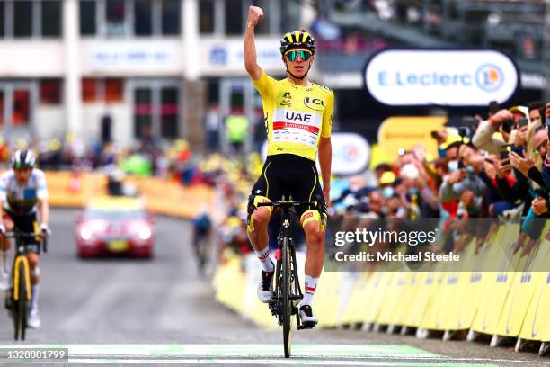 Tadej Pogačar of Slovenia and UAE-Team Emirates Yellow Leader Jersey celebrates at arrival during the 108th Tour de France 2021, Stage 18 a 129,7km...