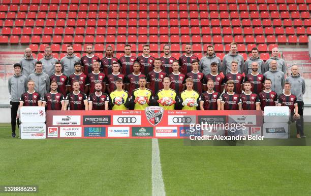 The team of FC Ingolstadt 04 poses during the team presentation at Audi Sportpark on July 15, 2021 in Ingolstadt, Germany. Front row L-R: Ilmari...