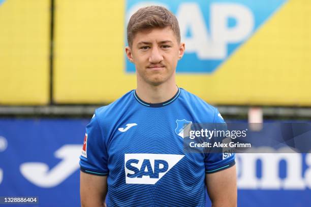 Angelo Stiller of TSG Hoffenheim poses during the team presentation at on July 15, 2021 in Sinsheim, Germany.