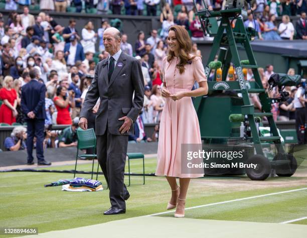 The Duchess of Cambridge and Prince Edward, Duke of Kent at the Men's trophy ceremony after the Singles Final at The Wimbledon Lawn Tennis...