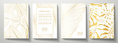 Tropical gold cover design set. Floral background with golden line pattern of exotic leaf (palm, banana tree)