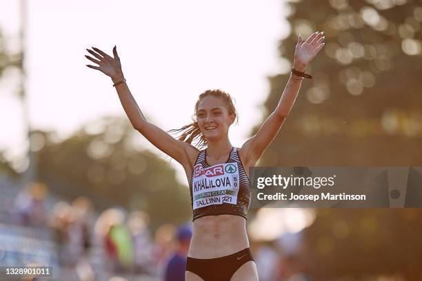 Yuliya Khalilova of ANA reacts in the Women's 10000m Race Walk finish during European Athletics U20 Championships Day 1 at Kadriorg Stadium on July...