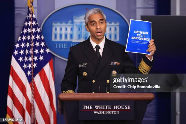 Surgeon General Vivek Murthy talks to reporters during the daily news conference in the Brady Press Briefing Room at the White House on July 15, 2021...