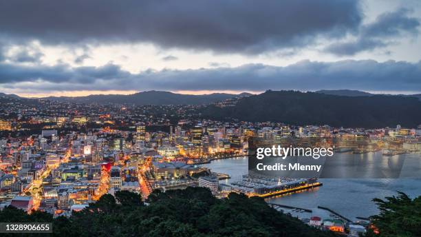 wellington neuseeland stadtbild dämmerung panorama mount victoria ansicht - wellington neuseeland stock-fotos und bilder