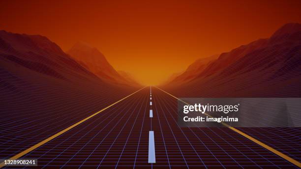 abstract retro futuristic landscape background - 2021 road stock pictures, royalty-free photos & images