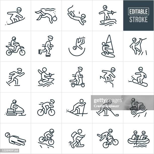 ilustraciones, imágenes clip art, dibujos animados e iconos de stock de iconos de línea delgada de deportes extremos - trazo editable - skater