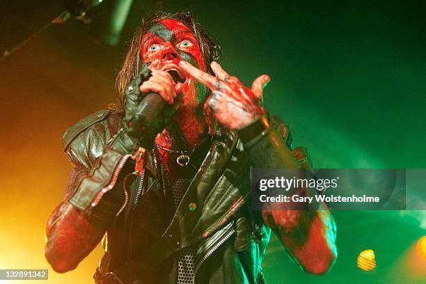 Mathias Nygard of Turisas performs on stage at the Corporation on November 10, 2011 in Sheffield, United Kingdom.