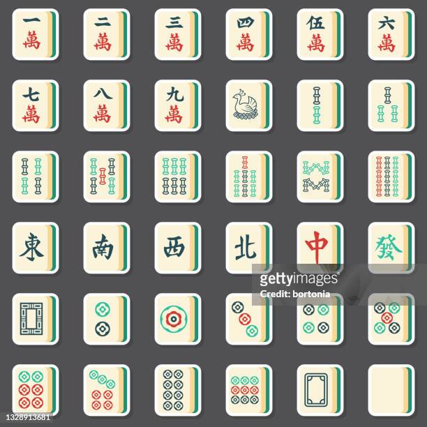 ilustraciones, imágenes clip art, dibujos animados e iconos de stock de mahjong azulejos conjunto de pegatinas - dominó