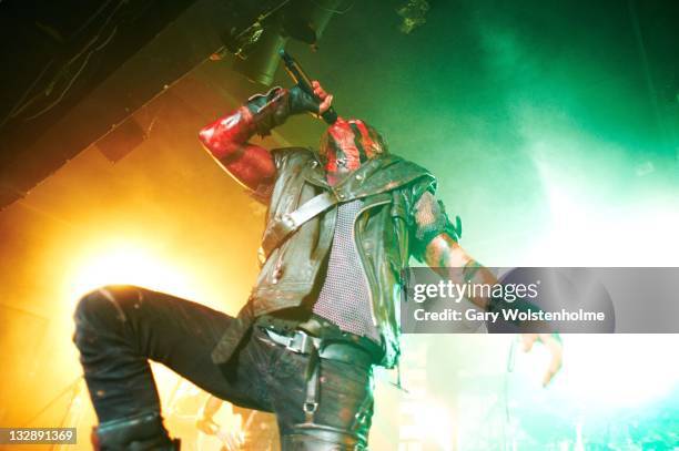 Mathias Nygard of Turisas performs on stage at the Corporation on November 10, 2011 in Sheffield, United Kingdom.