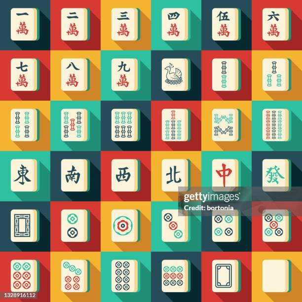 ilustraciones, imágenes clip art, dibujos animados e iconos de stock de conjunto de iconos de mahjong tiles - solitaire