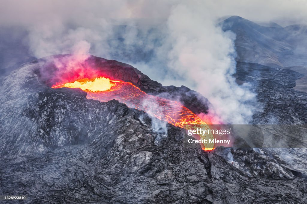 Iceland Volcano Eruption Fagradalsfjall Lava Stream Drone Aerial View