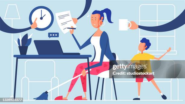 busy mother working from home - freelance work stock illustrations