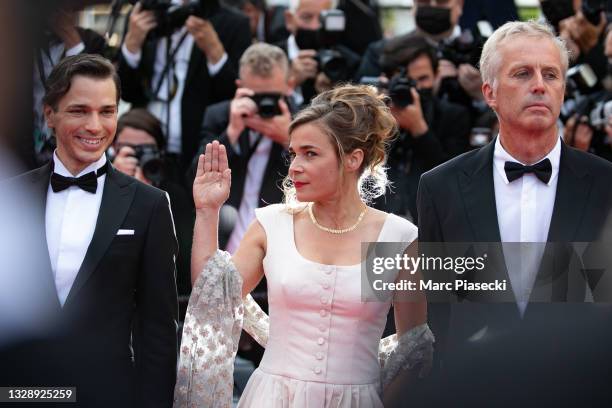 Emanuele Arioli, Blanche Gardin and Bruno Dumont attend the "France" screening during the 74th annual Cannes Film Festival on July 15, 2021 in...